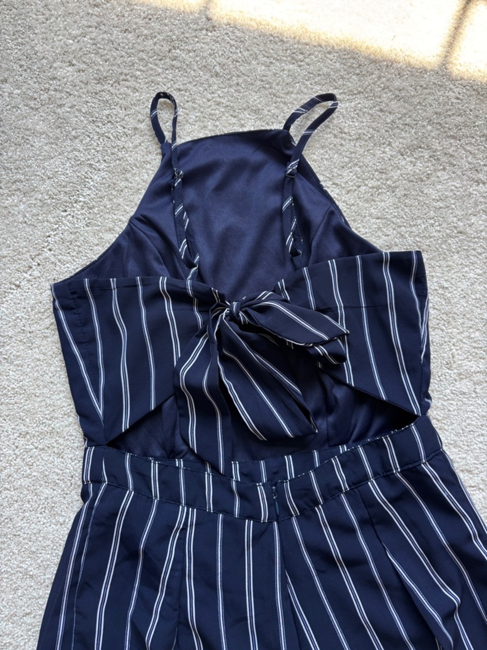 Japna Navy and White Vertical-Stripe Wide-Leg Jumpsuit Sleeveless - Picture 5 of 10